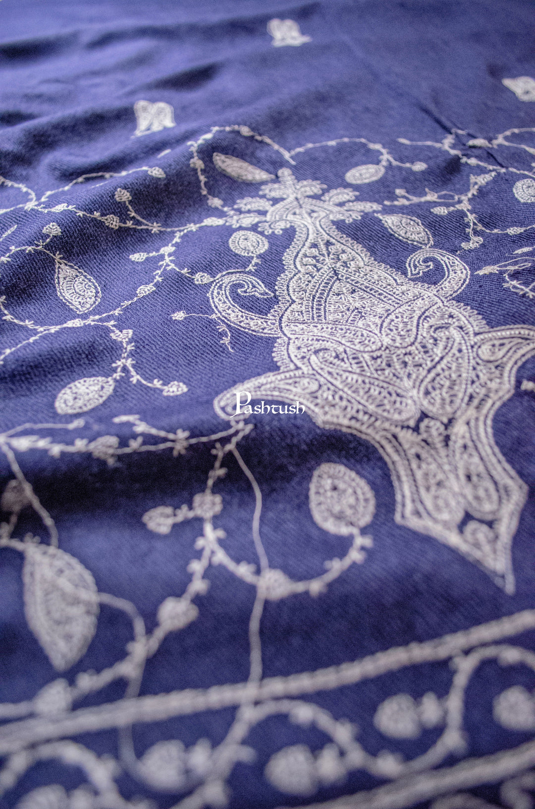 Pashtush India Womens Shawls Pashtush Womens Extra Fine Wool Shawl, Tone On Tone Embroidery Palla Design, Blue