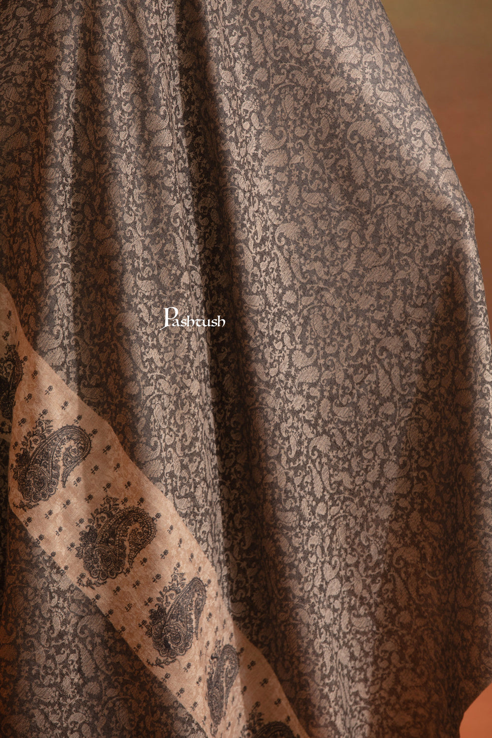 Pashtush India Womens Shawls Pashtush Womens Extra Fine Wool Shawl, Tone On Tone Palla Embroidery Design, Black