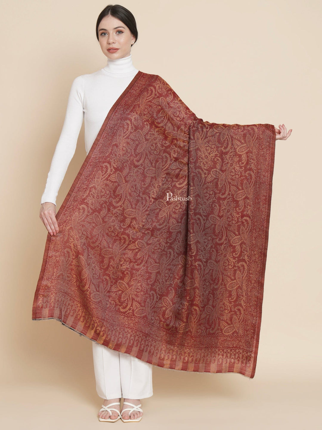 Pashtush India Womens Shawls Pashtush Womens Extra Fine Wool Shawl, Twilight Reversible Design, Maroon