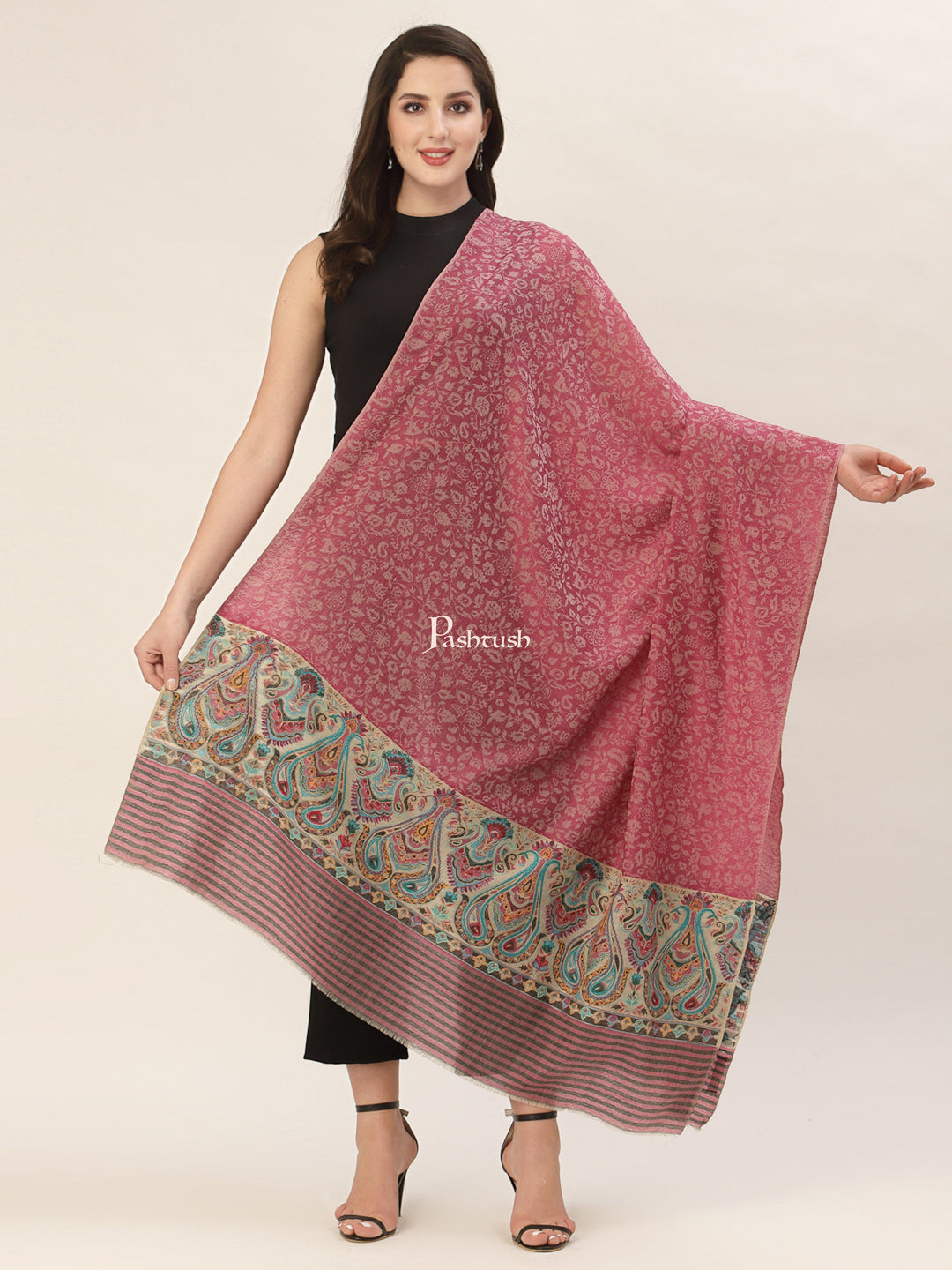 Pashtush India Womens Shawls Pashtush Womens Extra Fine Wool Shawl, With Embroidered Ethnic Palla , Soft and Warm