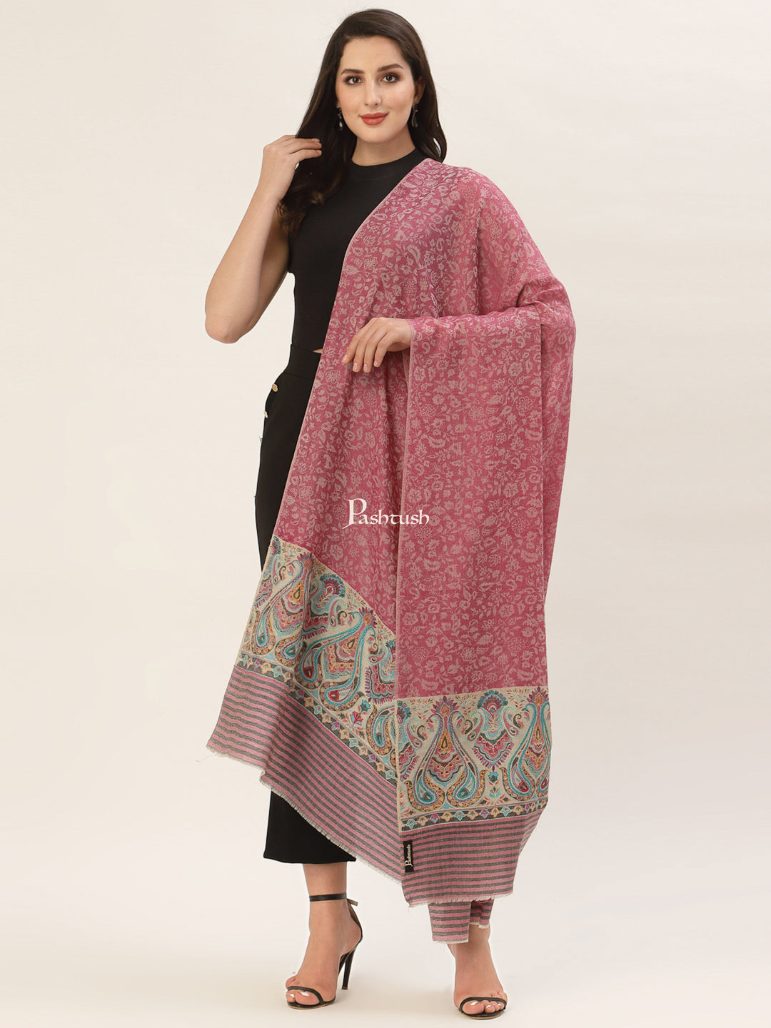 Pashtush India Womens Shawls Pashtush Womens Extra Fine Wool Shawl, With Embroidered Ethnic Palla , Soft and Warm