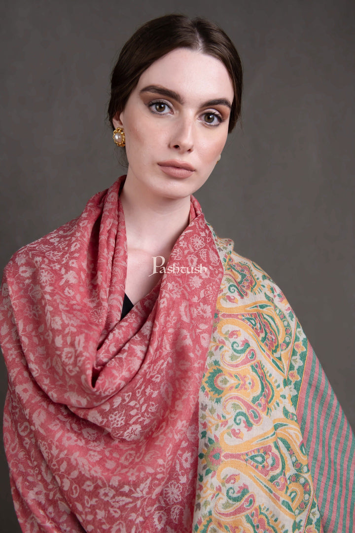Pashtush India Womens Shawls Pashtush Womens Extra Fine Wool Shawl, Woven Ethnic Palla Design, Rose