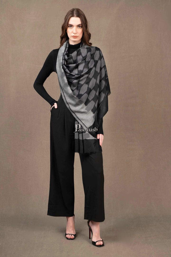 Pashtush India Womens Stoles and Scarves Scarf Pashtush Womens Extra Fine Wool Silk Stole, Ikkat Design, Black And Grey