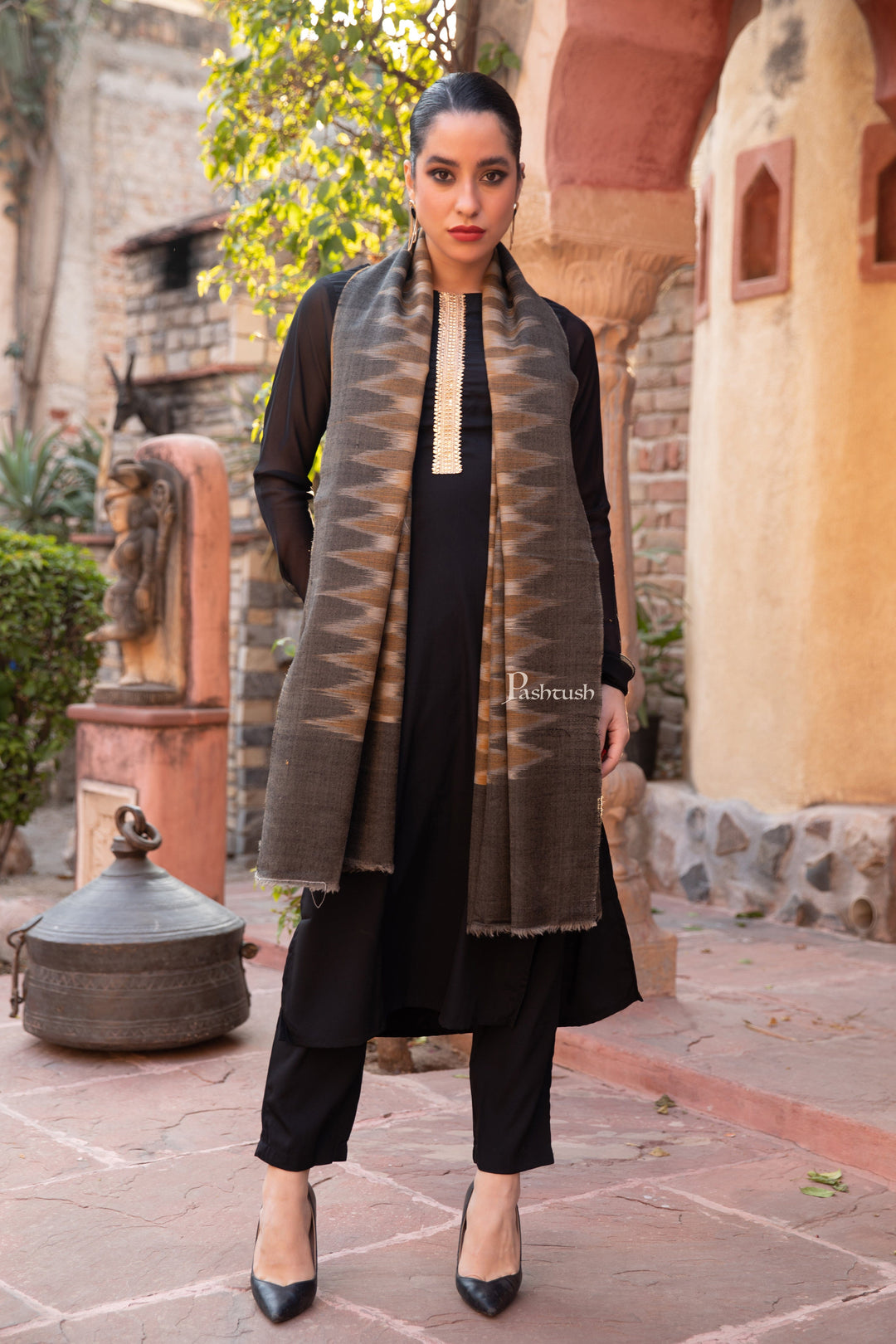 Pashtush India Womens Stoles and Scarves Scarf Pashtush Womens Extra Fine Wool Silk Stole, Ikkat Design, Black And Mustard