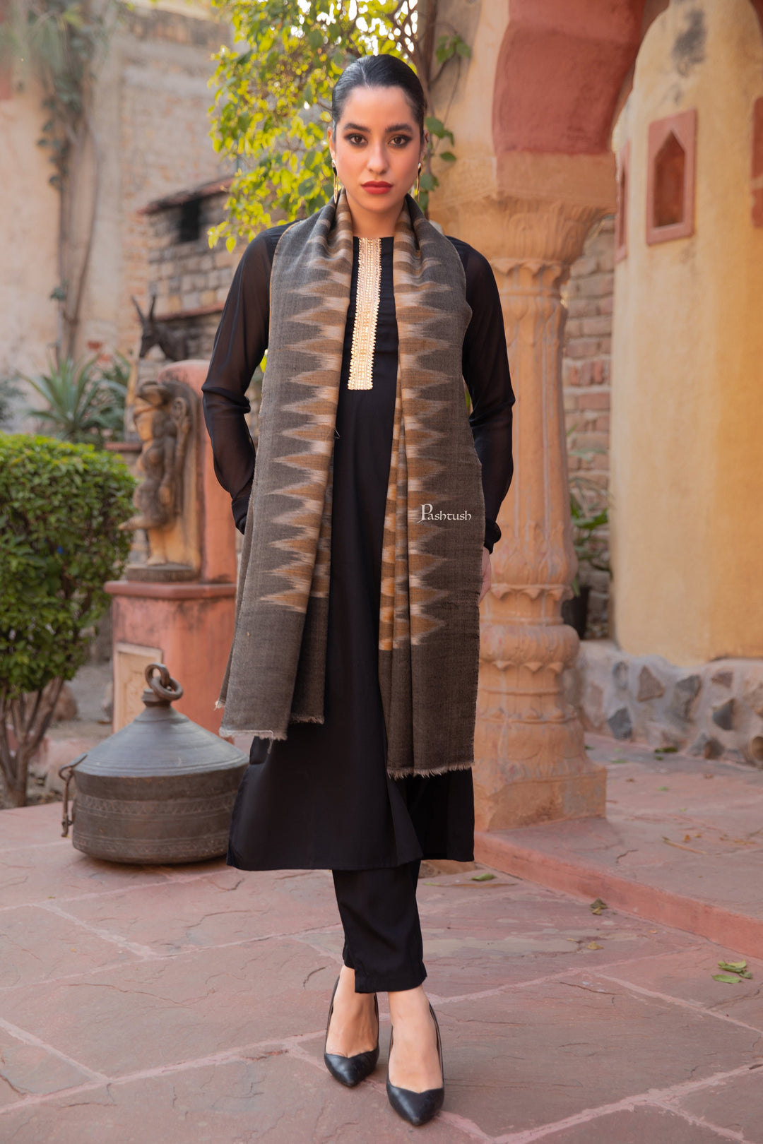Pashtush India Womens Stoles and Scarves Scarf Pashtush Womens Extra Fine Wool Silk Stole, Ikkat Design, Black And Mustard