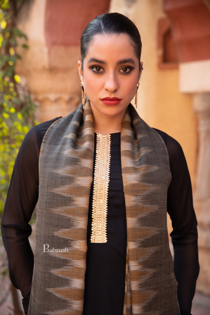 Pashtush India Womens Stoles and Scarves Scarf Pashtush Womens Extra Fine Wool Silk Stole, Ikkat Design, Black And Mustard