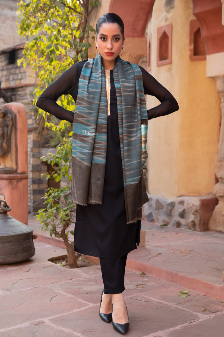 Pashtush India Womens Stoles and Scarves Scarf Pashtush Womens Extra Fine Wool Silk Stole, Ikkat Design, Blue
