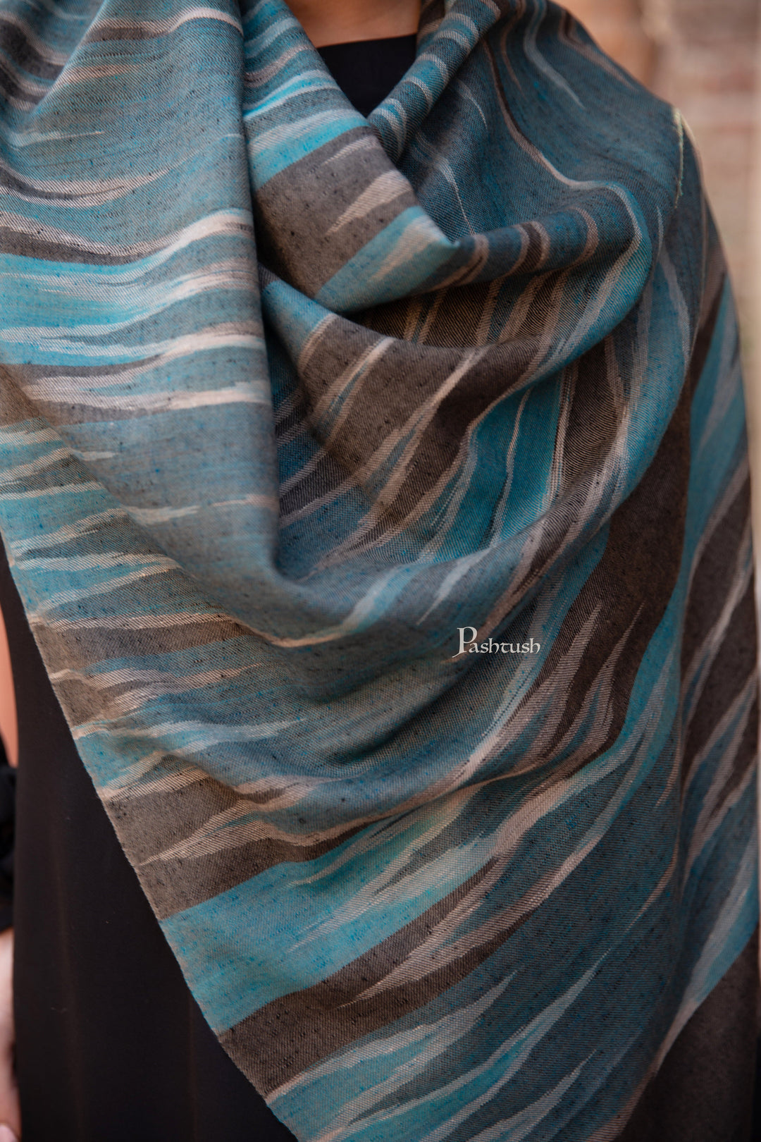 Pashtush India Womens Stoles and Scarves Scarf Pashtush Womens Extra Fine Wool Silk Stole, Ikkat Design, Blue