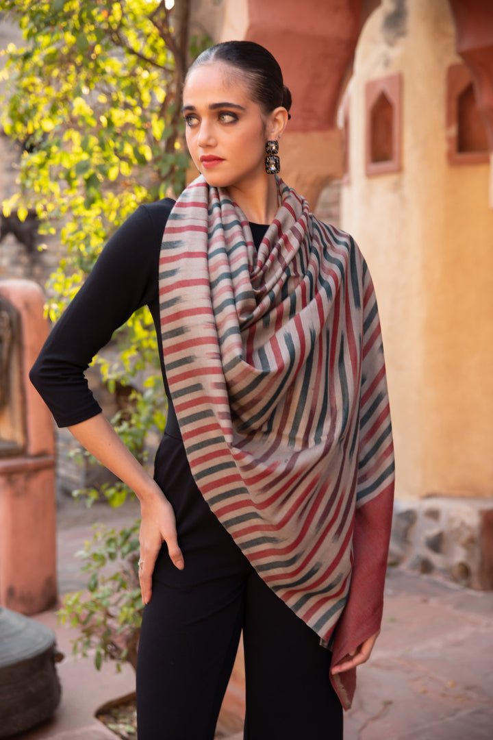Pashtush India Womens Stoles and Scarves Scarf Pashtush Womens Extra Fine Wool Silk Stole, Ikkat Design, Red
