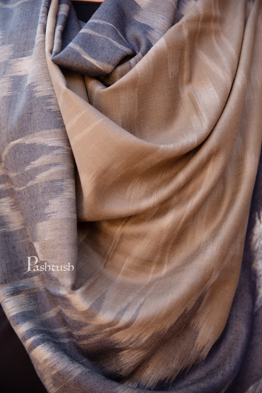 Pashtush India Womens Stoles and Scarves Scarf Pashtush Womens Extra Fine Wool Silk Stole, Ikkat Design, Taupe