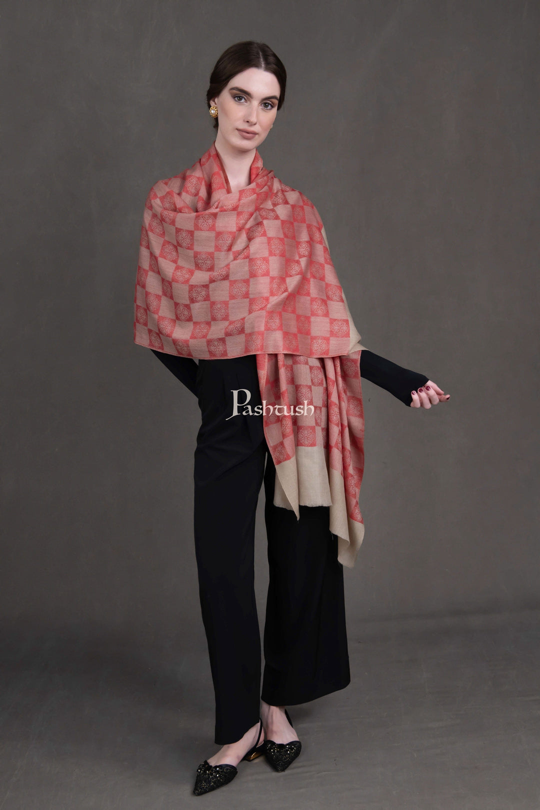 Pashtush India Womens Stoles and Scarves Scarf Pashtush Womens Extra Fine Wool Stole, Checkered Design, Beige And Red