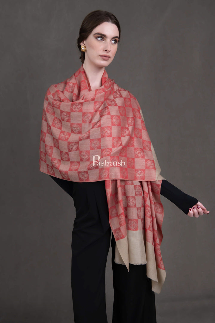 Pashtush India Womens Stoles and Scarves Scarf Pashtush Womens Extra Fine Wool Stole, Checkered Design, Beige And Red