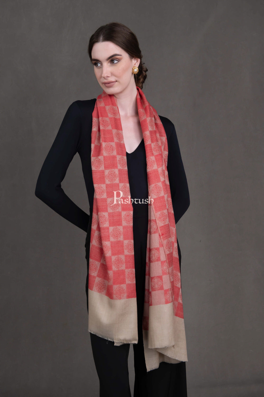 Pashtush India Womens Stoles and Scarves Scarf Pashtush Womens Extra Fine Wool Stole, Checkered Design, Beige And Red