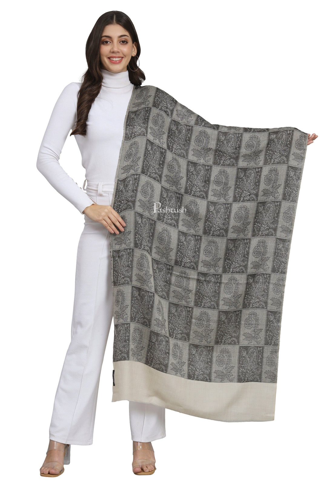 Pashtush India Womens Stoles and Scarves Scarf Pashtush Womens Extra Fine Wool Stole, Checkered Design, Black And Beige