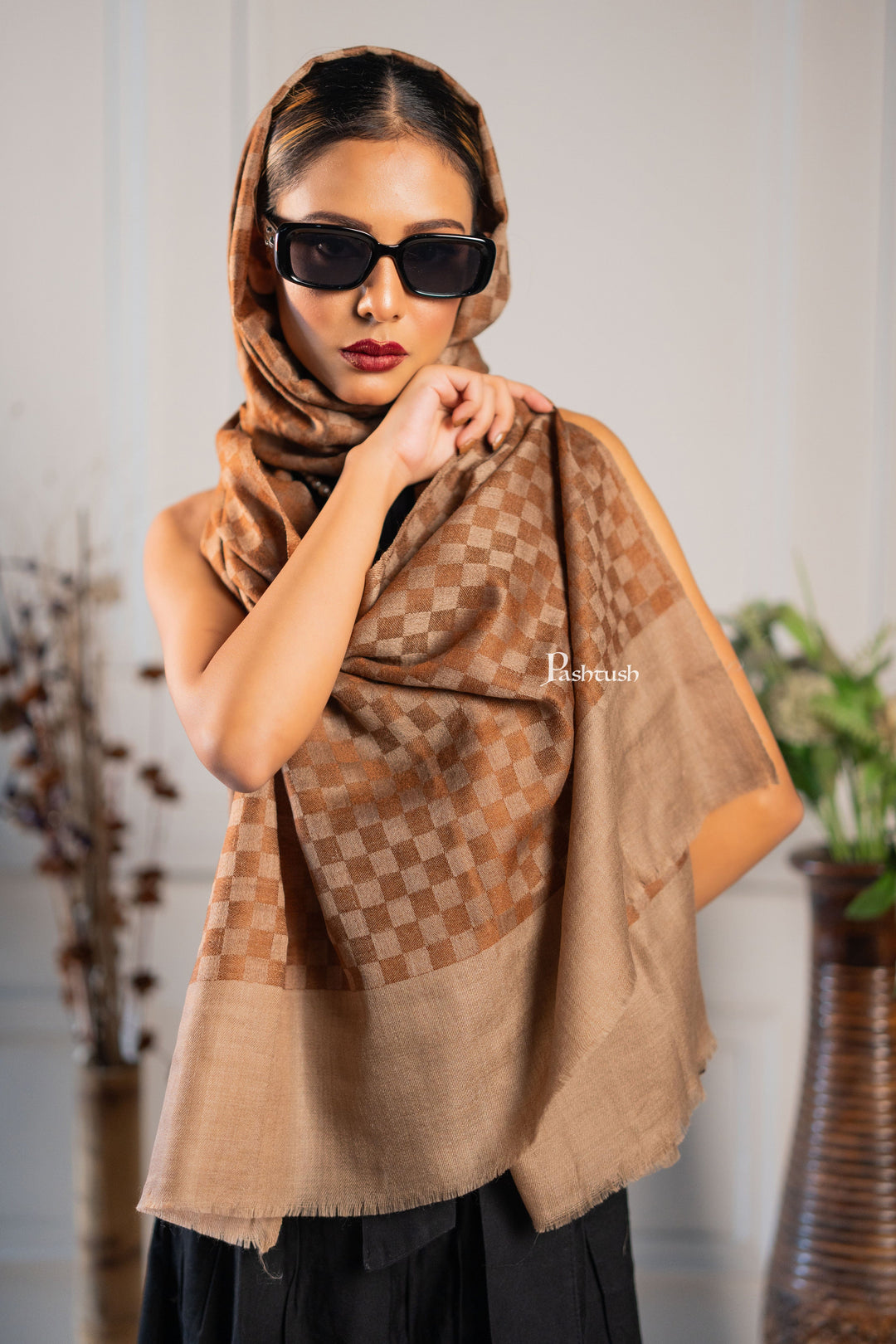 Pashtush India Mens Scarves Stoles and Mufflers Pashtush Womens Extra Fine Wool Stole, Checkered Design, Coffee