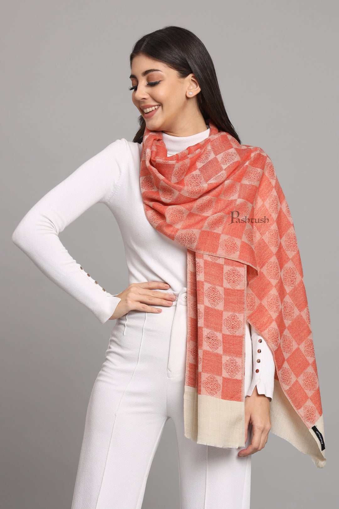 Pashtush India Womens Stoles and Scarves Scarf Pashtush Womens Extra Fine Wool Stole, Checkered Design, Orange