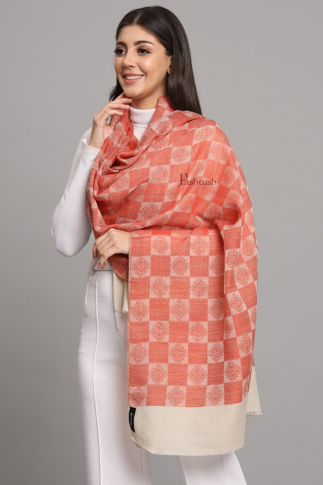 Pashtush India Womens Stoles and Scarves Scarf Pashtush Womens Extra Fine Wool Stole, Checkered Design, Orange