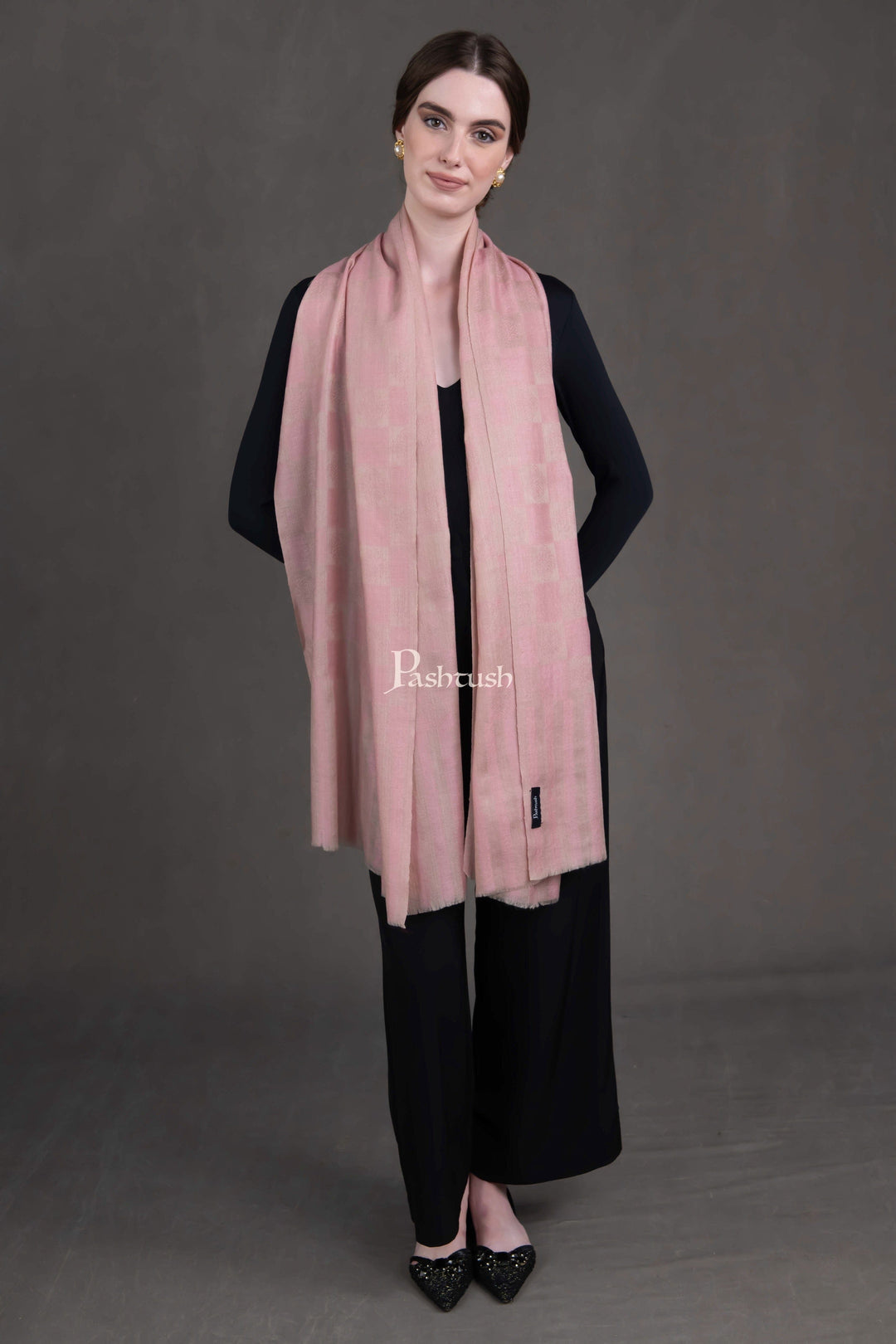 Pashtush India Womens Stoles and Scarves Scarf Pashtush Womens Extra Fine Wool Stole, Checkered Design, Pink