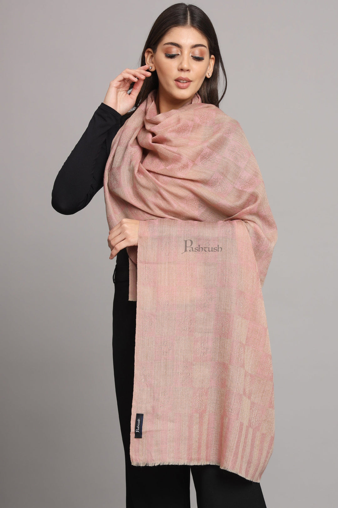 Pashtush India Womens Stoles and Scarves Scarf Pashtush Womens Extra Fine Wool Stole, Checkered Design, Pink