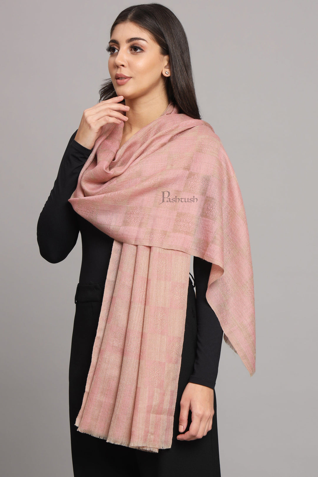 Pashtush India Womens Stoles and Scarves Scarf Pashtush Womens Extra Fine Wool Stole, Checkered Design, Pink