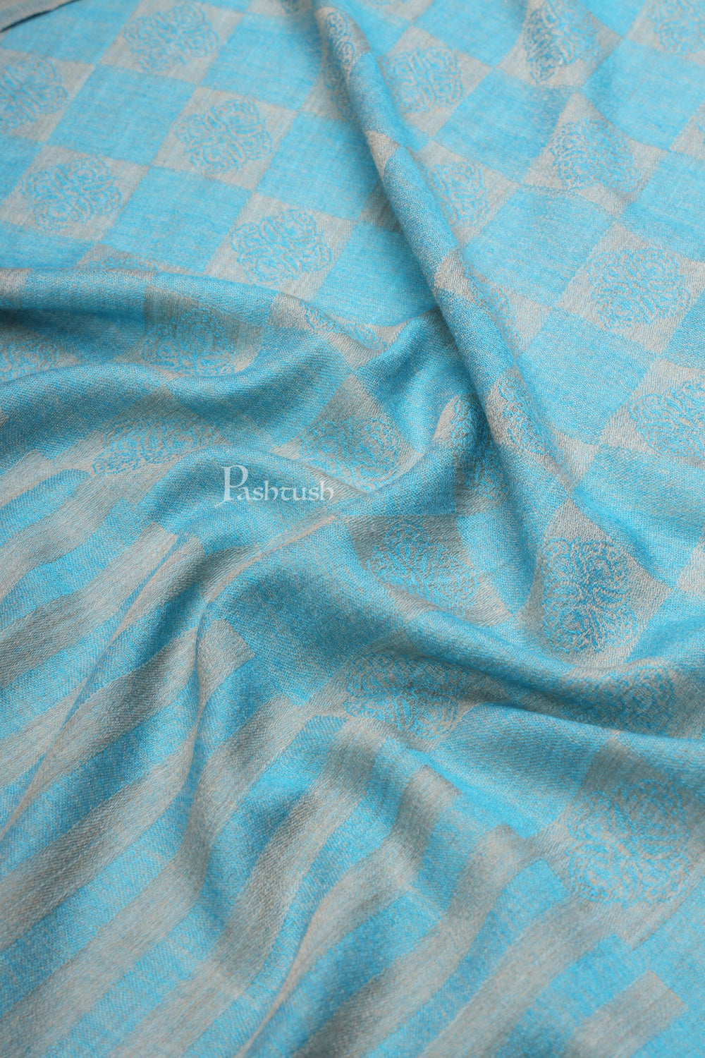 Pashtush India Womens Stoles and Scarves Scarf Pashtush Womens Extra Fine Wool Stole, Checkered Design, Sky Blue
