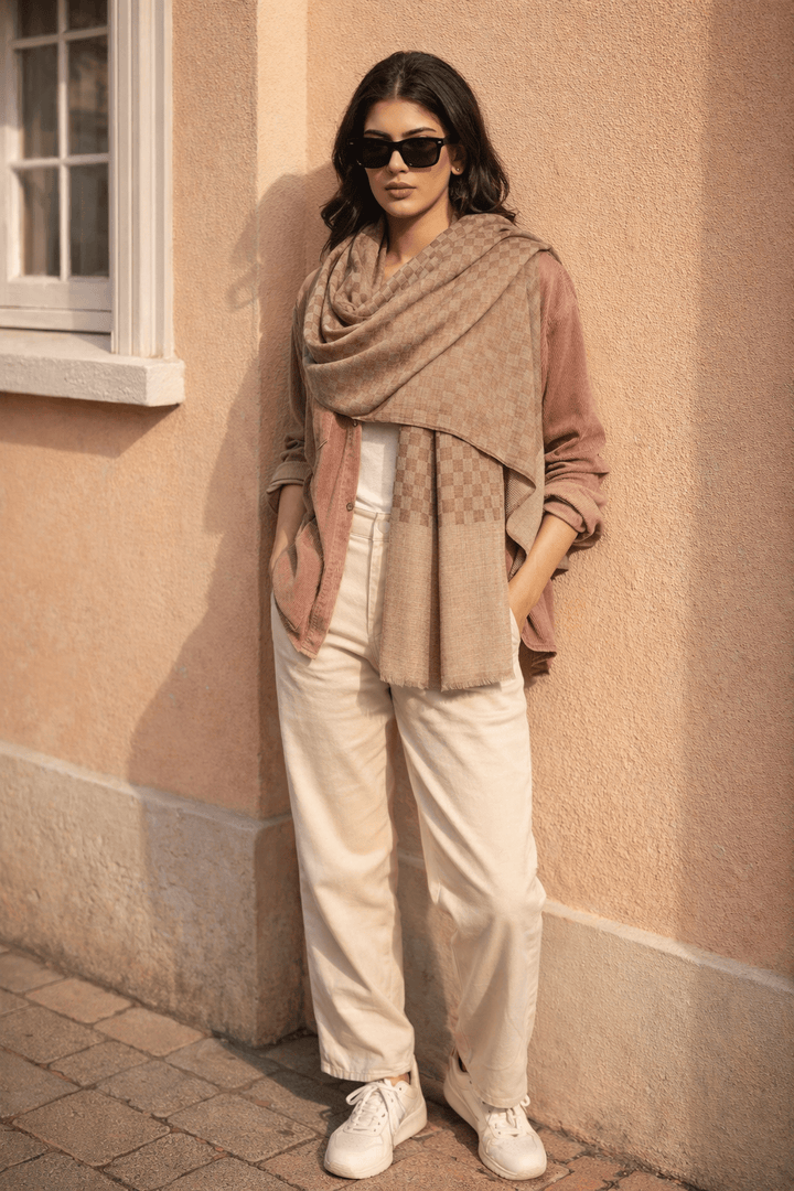 Pashtush India Womens Stoles Pashtush Womens Extra Fine Wool Stole, Checkered Weave Design, Taupe