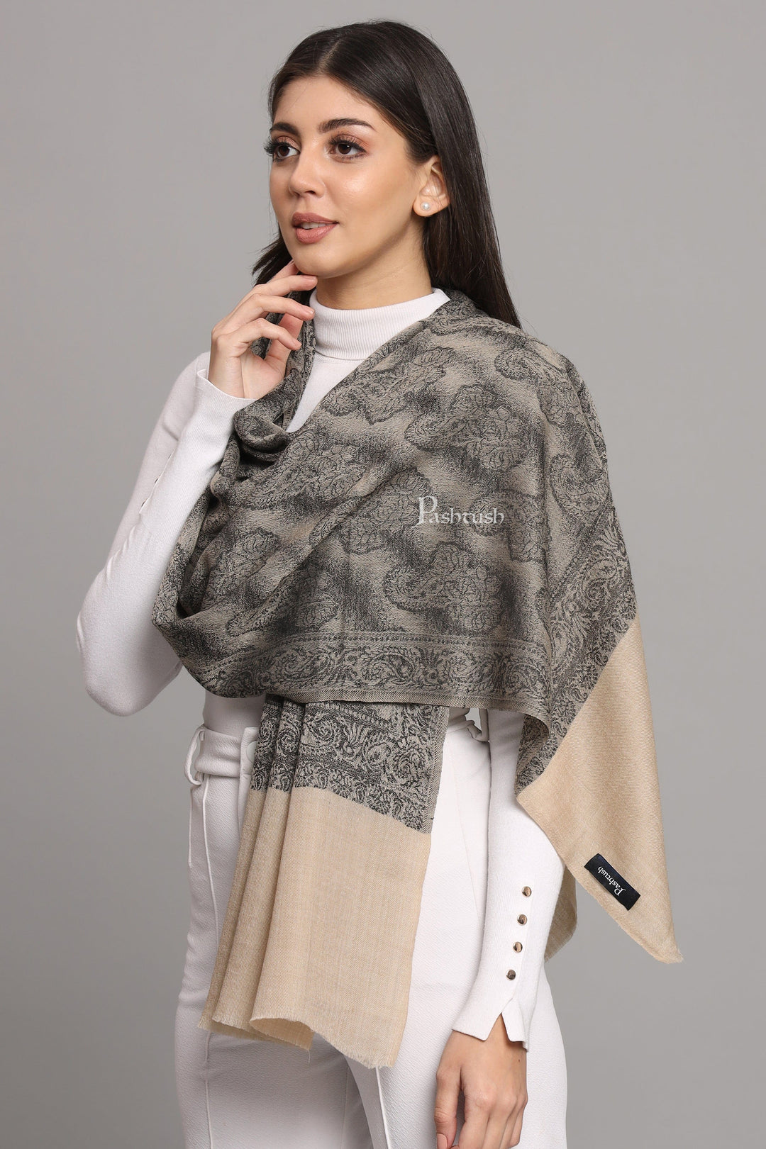Pashtush India Womens Stoles and Scarves Scarf Pashtush Womens Extra Fine Wool Stole,  Design, Black