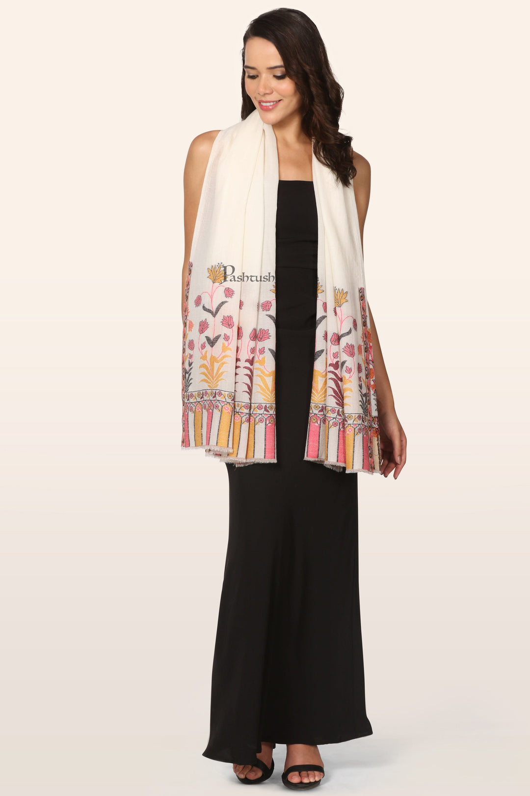 Pashtush India womens scarf and Stoles Pashtush Womens Extra Fine Wool Stole, Floral Design, Ivory