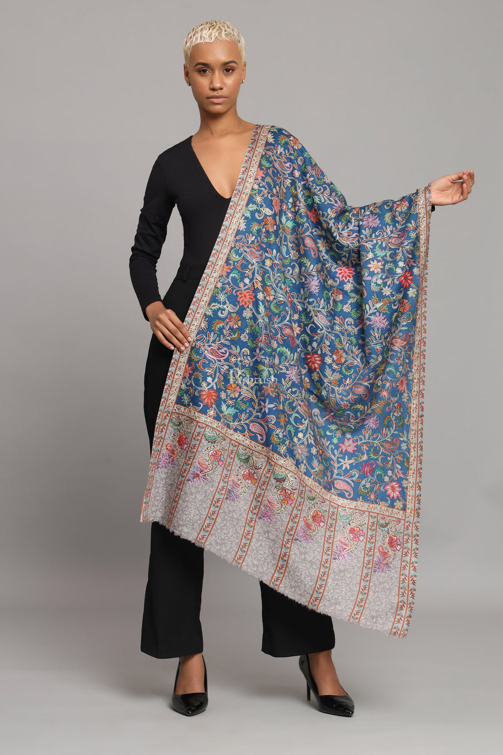 Pashtush India Womens Stoles Pashtush Womens Extra Fine Wool Stole, Kalamkari Embroidery Design, Blue