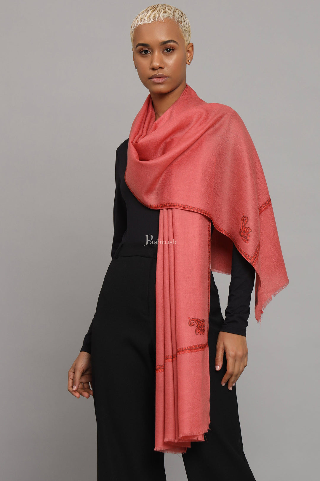 Pashtush India Womens Stoles Pashtush Womens Extra Fine Wool Stole, Kashmiri Hand Embroidery, Kingri Design, Pink