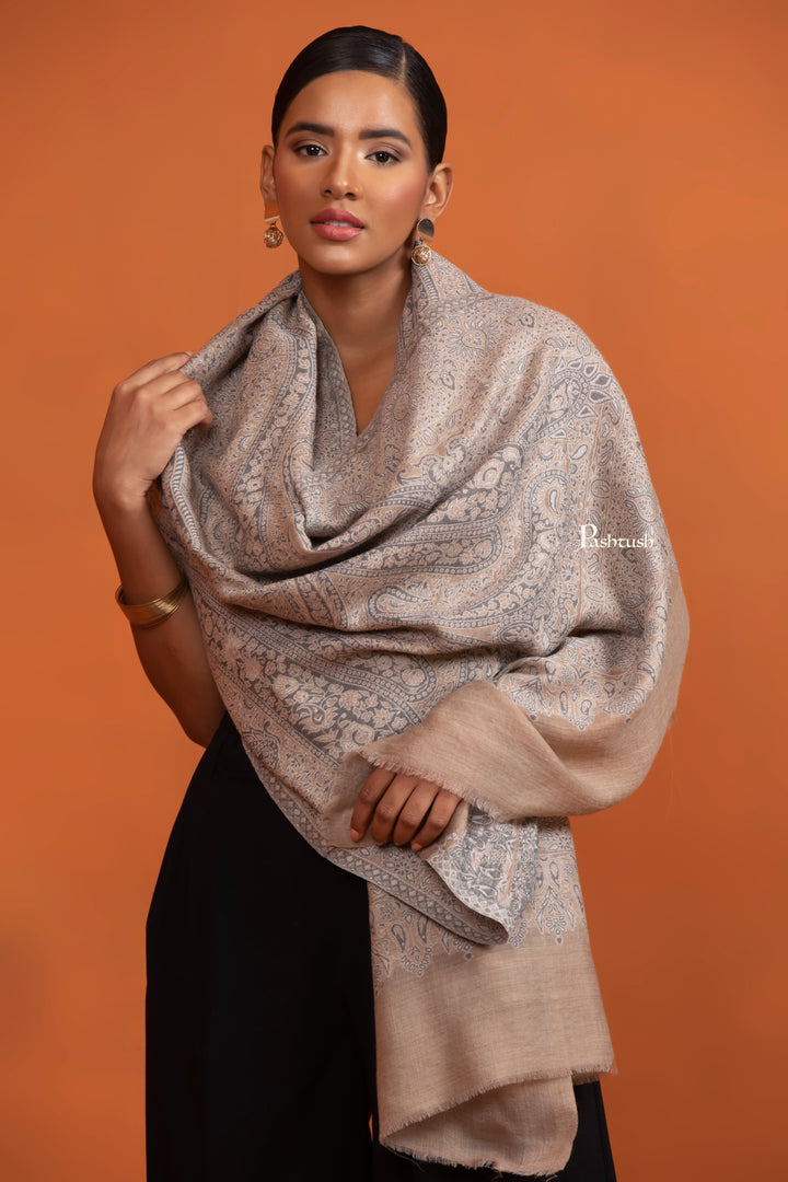 Pashtush India womens scarf and Stoles Pashtush Womens Extra Fine Wool Stole, Paisley Jama Design, Taupe