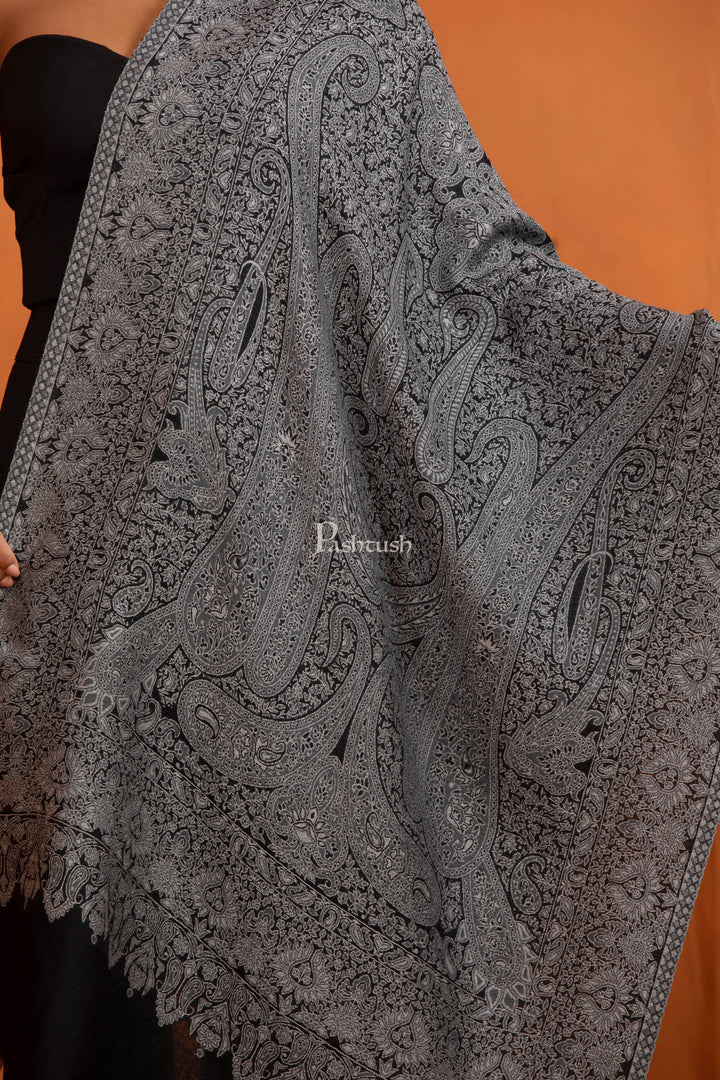 Pashtush India womens scarf and Stoles Pashtush Womens Extra Fine Wool Stole, Paisley Jamawar Design, Black