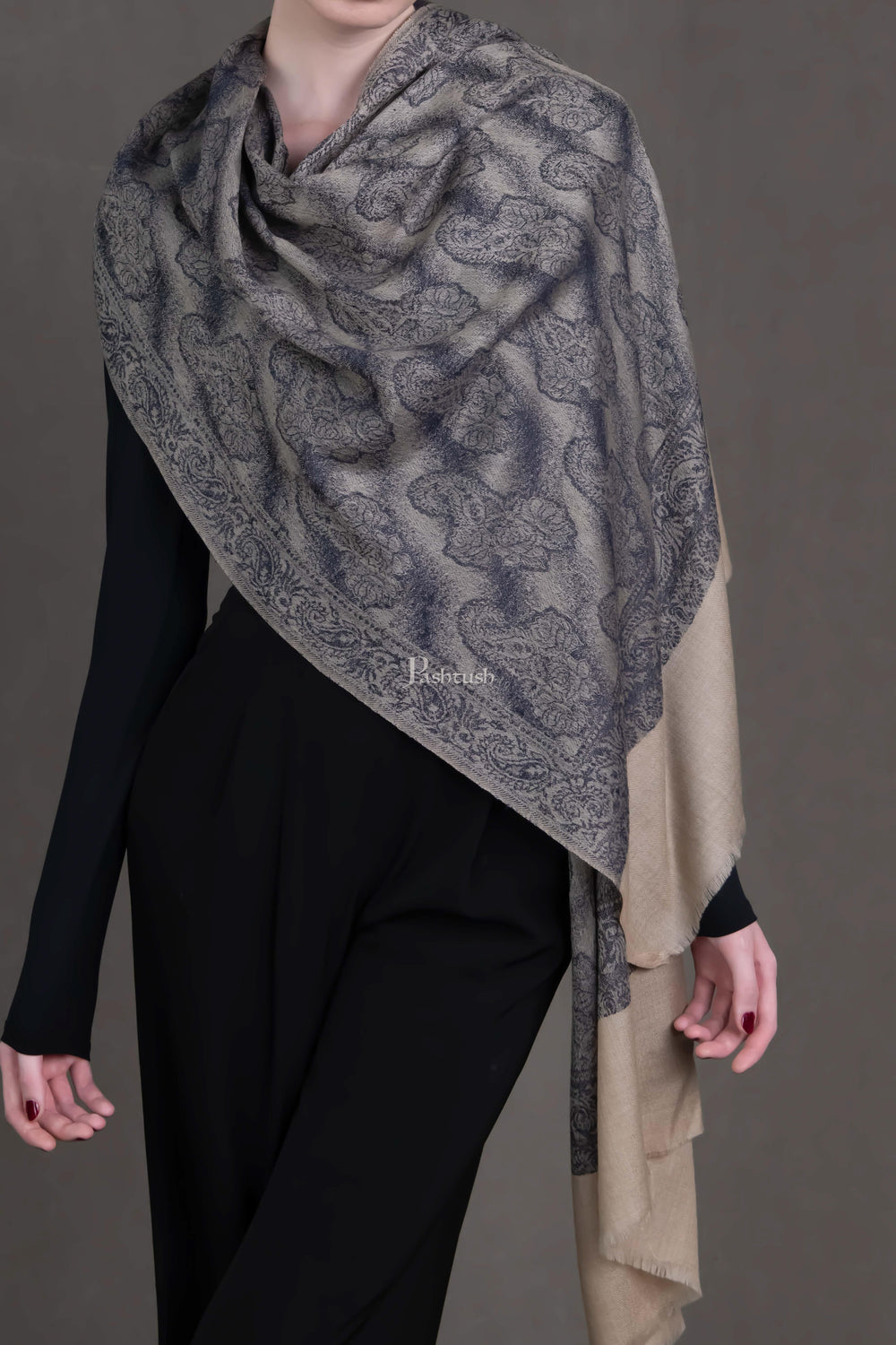 Pashtush India Womens Stoles Pashtush Womens Extra Fine Wool Stole, Pasiley  Design, Black