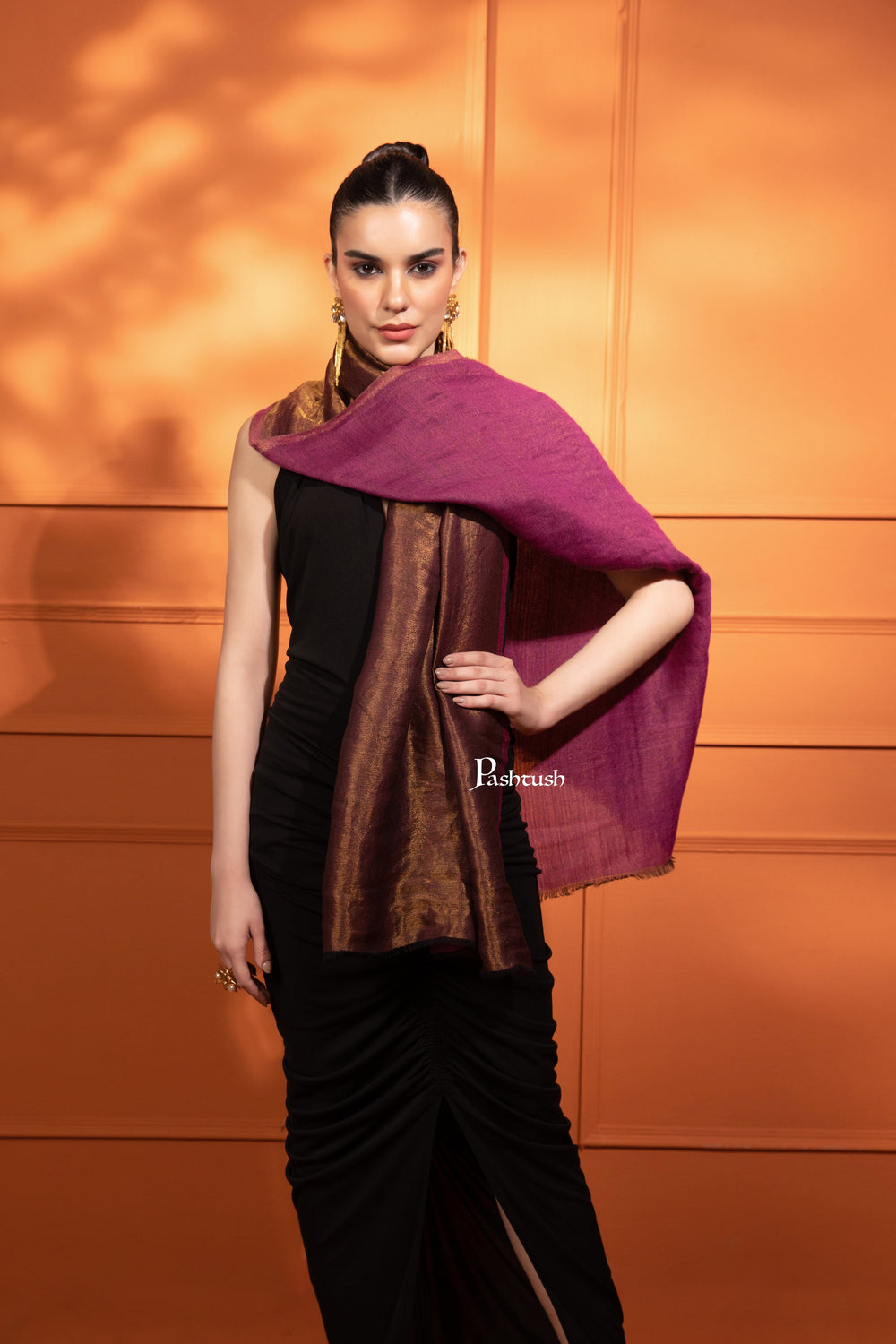 Pashtush India Womens Stoles and Scarves Scarf Pashtush Womens Extra Fine Wool Stole, Reversible Zari Design, Purple