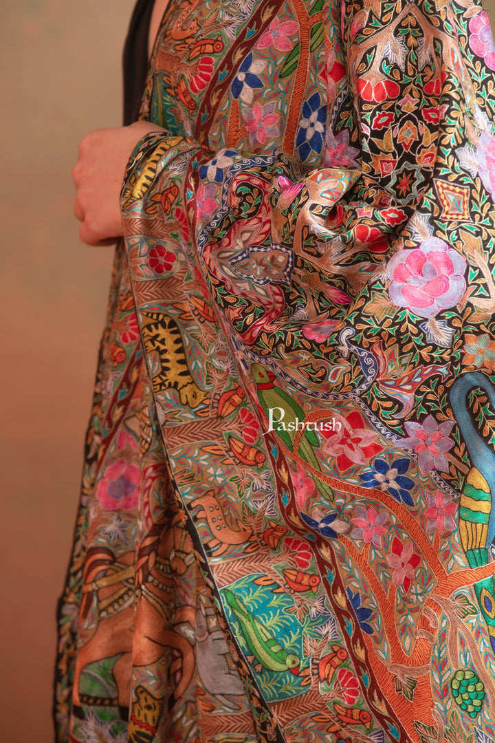 Pashtush India Womens Stole Pashtush Womens Extra Fine Wool Stole, Shikaar-Dar Hand Embroidered, Hand Painted Kalamkari Design, Multicolour