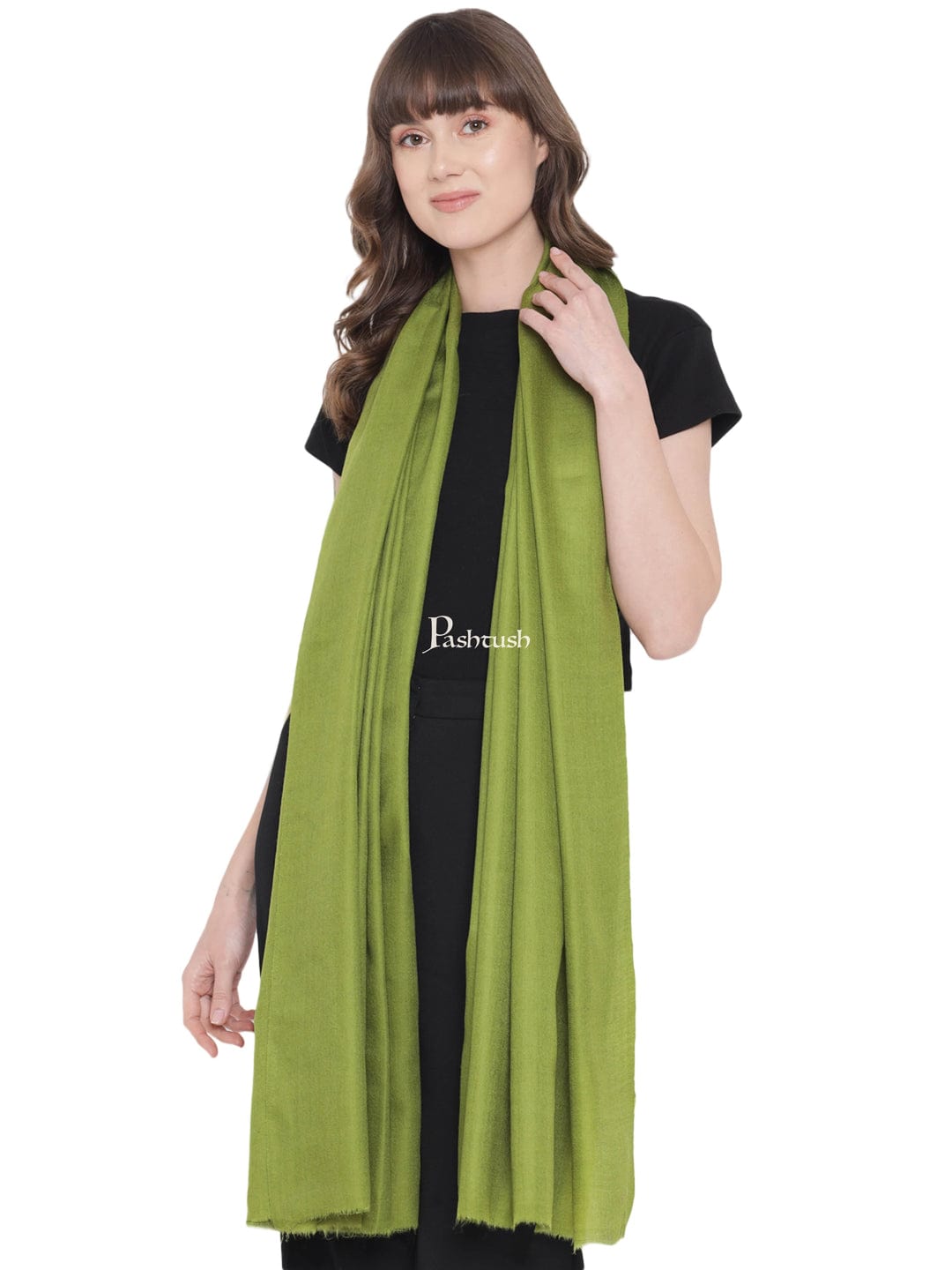 Pashtush India Womens Stoles and Scarves Scarf Pashtush Womens Extra Fine Wool Stole, Solid Design, Olive Green