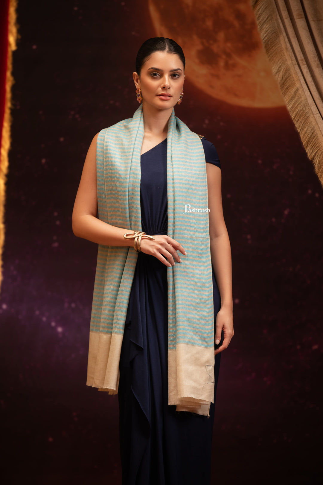 Pashtush India Womens Shawls Pashtush Womens Extra Fine Wool Stole, Stripe Design, Blue