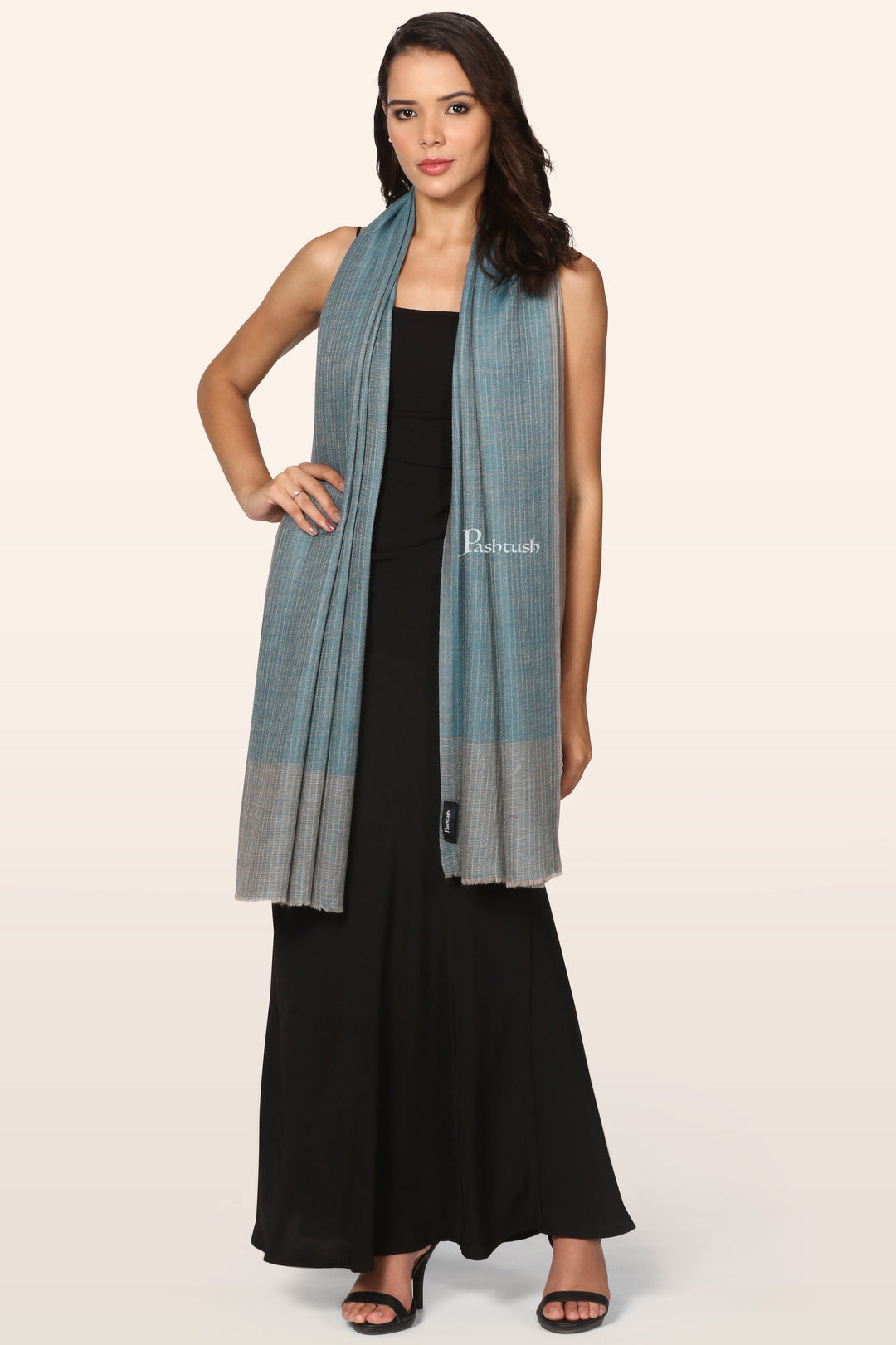 Pashtush India womens scarf and Stoles Pashtush Womens Extra Fine Wool Stole, Stripe Weave Design, Arabic Sea Green