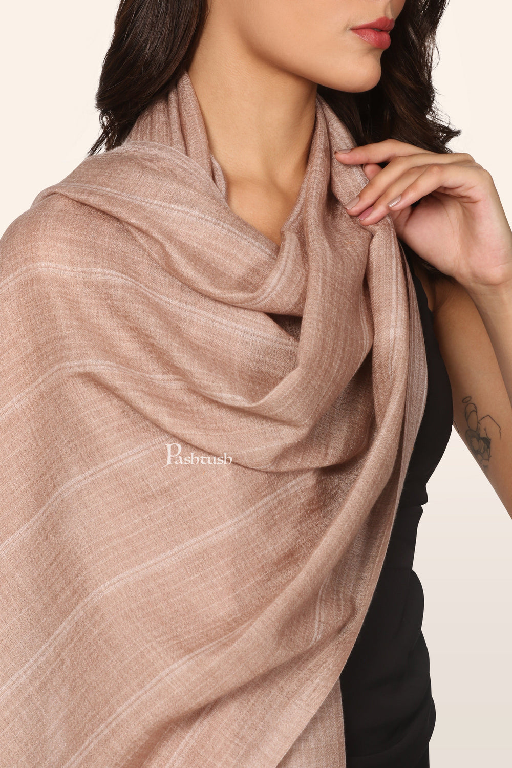 Pashtush India womens scarf and Stoles Pashtush Womens Extra Fine Wool Stole, Stripe Weave Design, Taupe