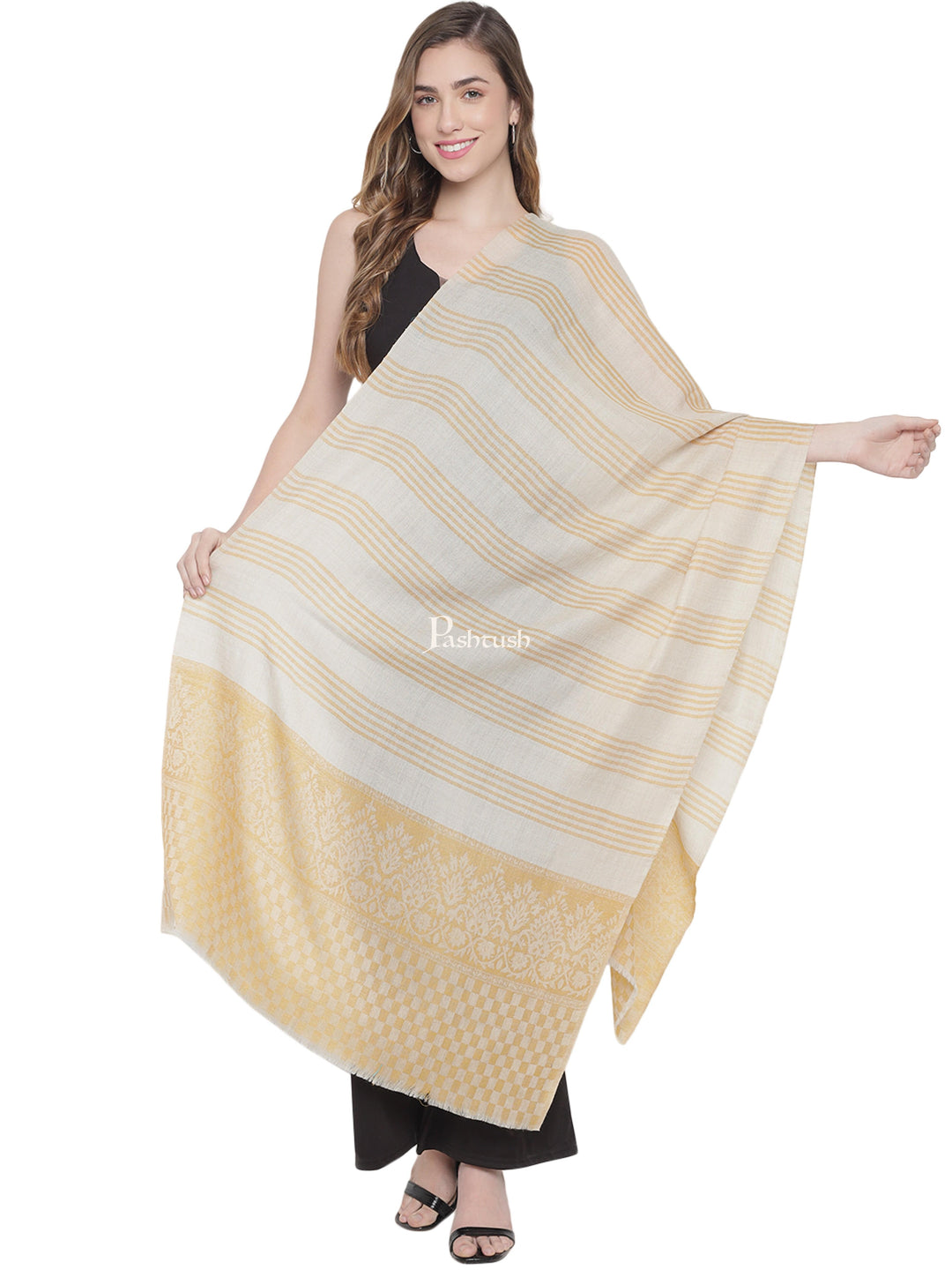 Pashtush India Womens Stoles and Scarves Scarf Pashtush Womens Extra Fine Wool Stole, Striped Weave, Sunflower,Yellow