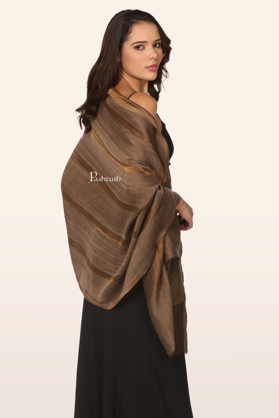 Pashtush India Womens Stoles and Scarves Scarf Pashtush Womens Extra Fine Wool Stole, Twilight Collection Reversible Weave, Taupe