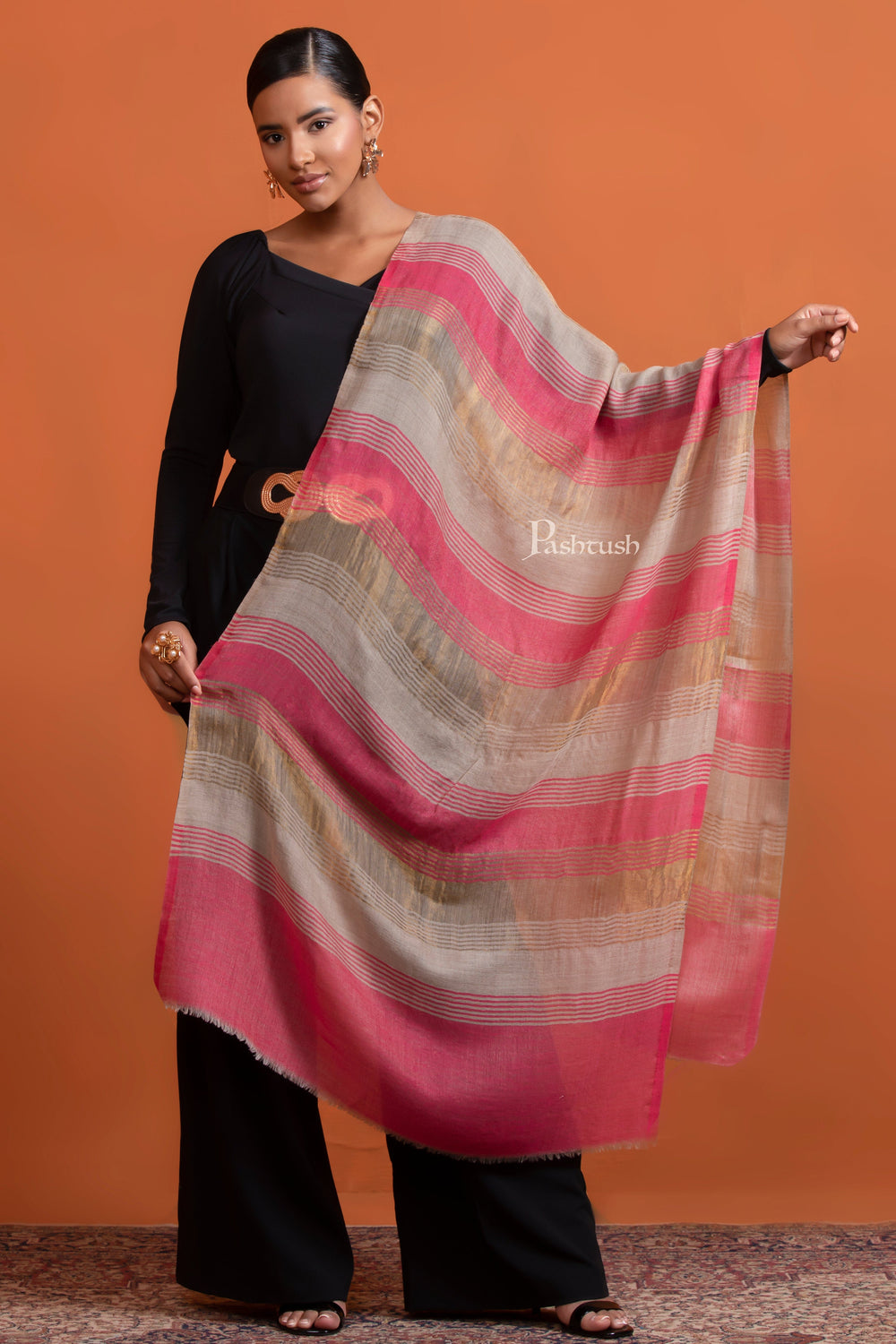 Pashtush India womens scarf and Stoles Pashtush Womens Extra Fine Wool Stole, Twilight Collection Striped Design, Pink And Gold