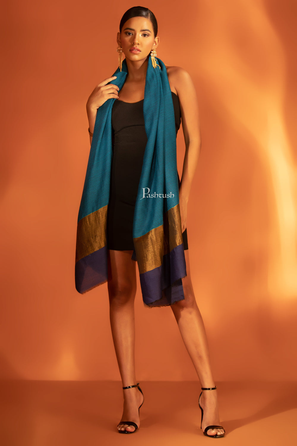 Pashtush India womens scarf and Stoles Pashtush Womens Extra Fine Wool Stole, Twilight Collection, Striped Gold Design, Royal Blue
