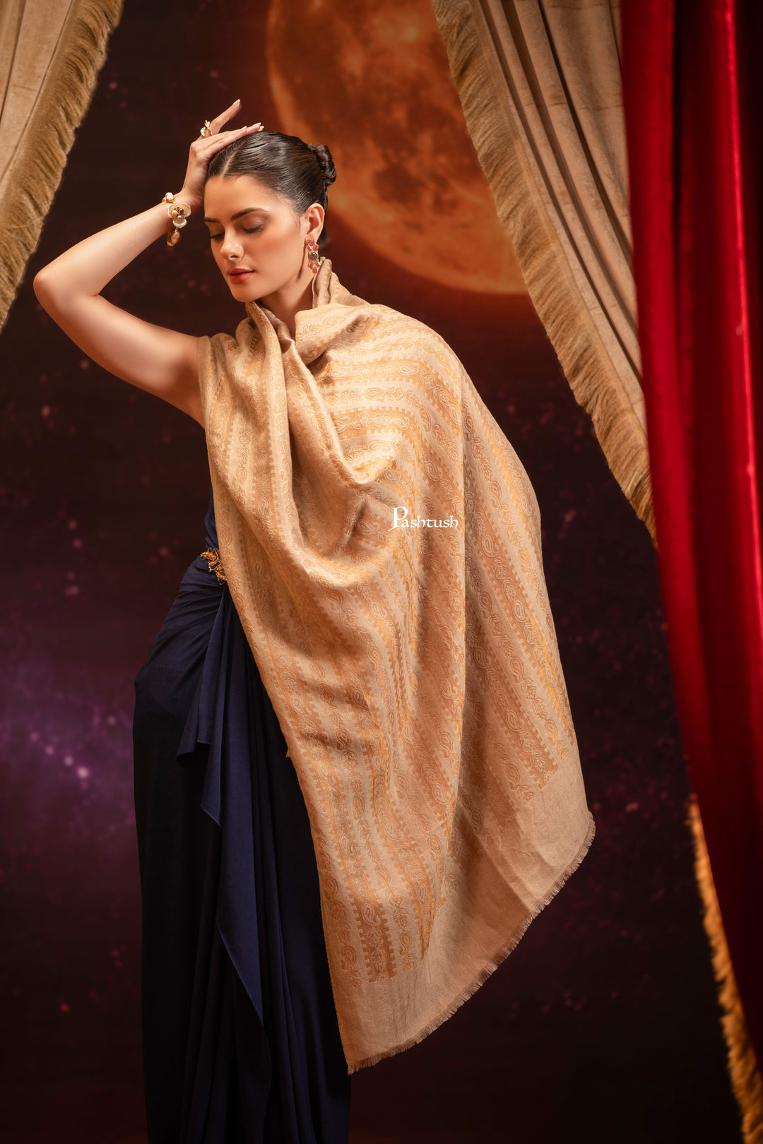 Pashtush India Womens Shawls Pashtush Womens Extra Fine Wool Stole, Twilight Design, Beige