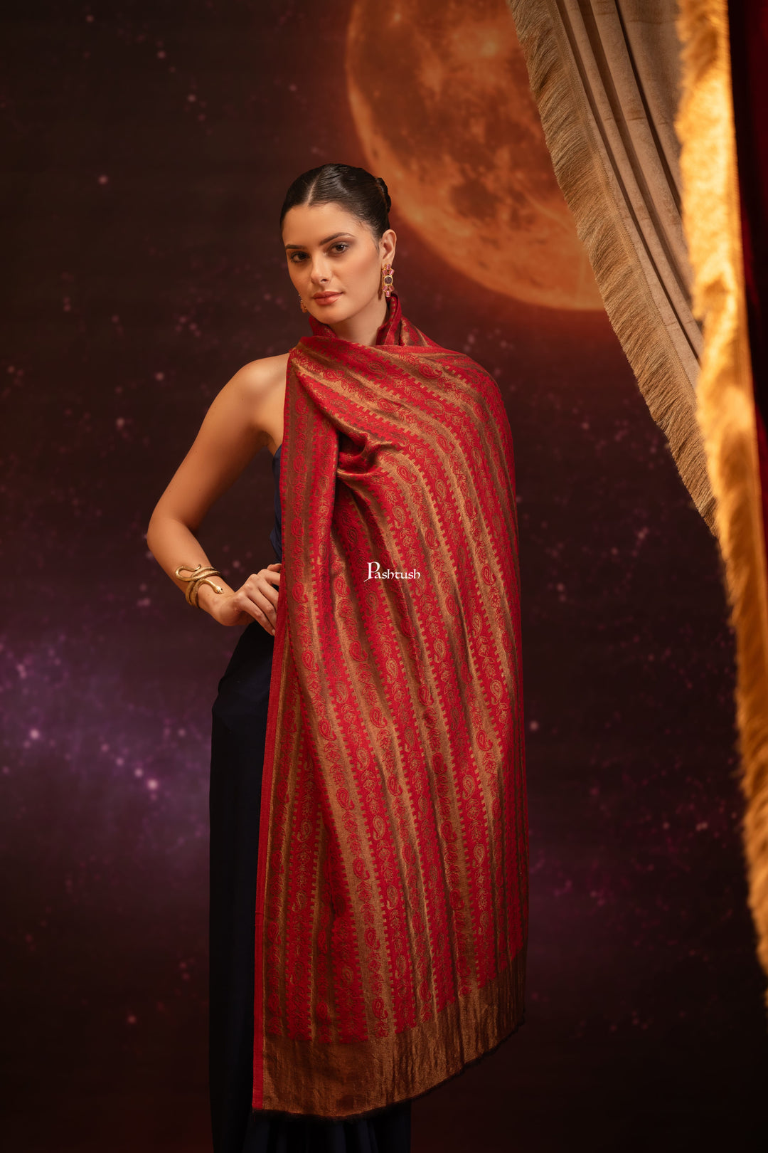 Pashtush India Womens Shawls Pashtush Womens Extra Fine Wool Stole, Twilight Design, Maroon