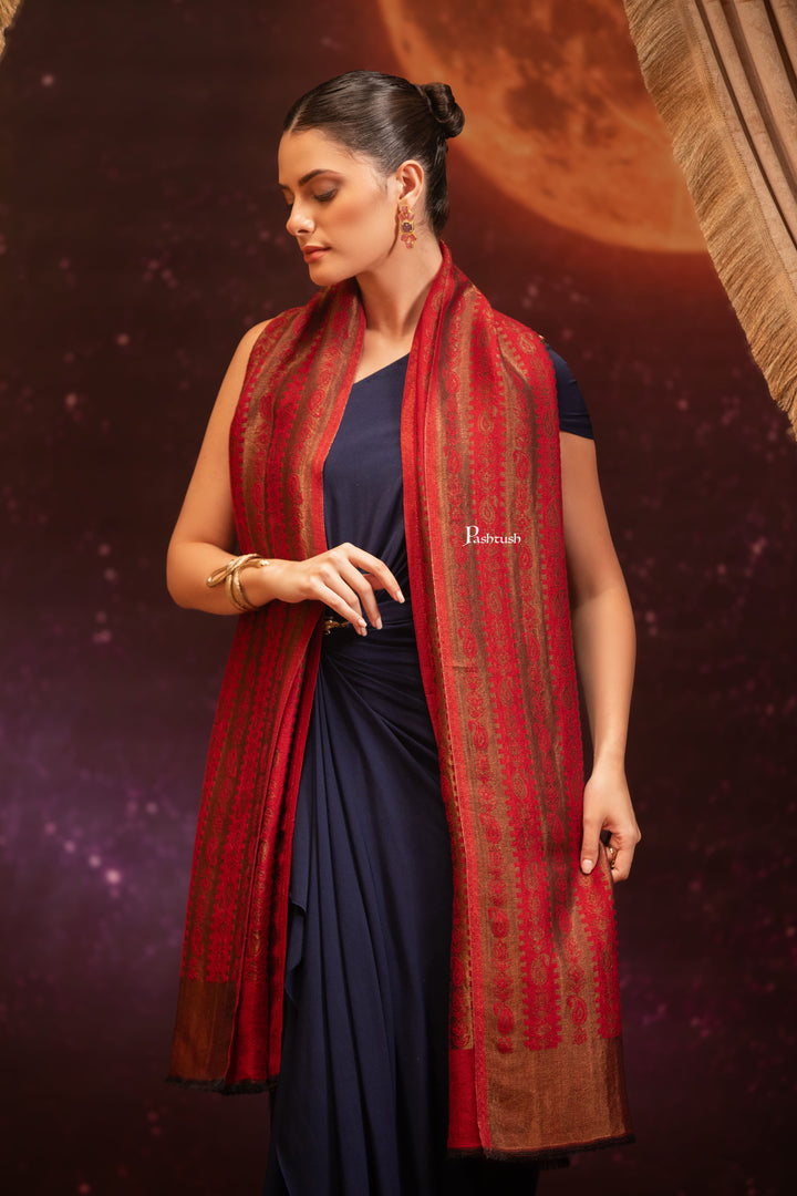 Pashtush India Womens Shawls Pashtush Womens Extra Fine Wool Stole, Twilight Design, Maroon