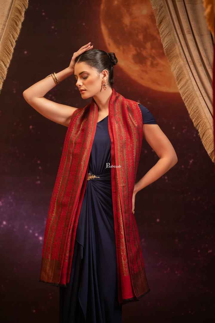 Pashtush India Womens Shawls Pashtush Womens Extra Fine Wool Stole, Twilight Design, Maroon