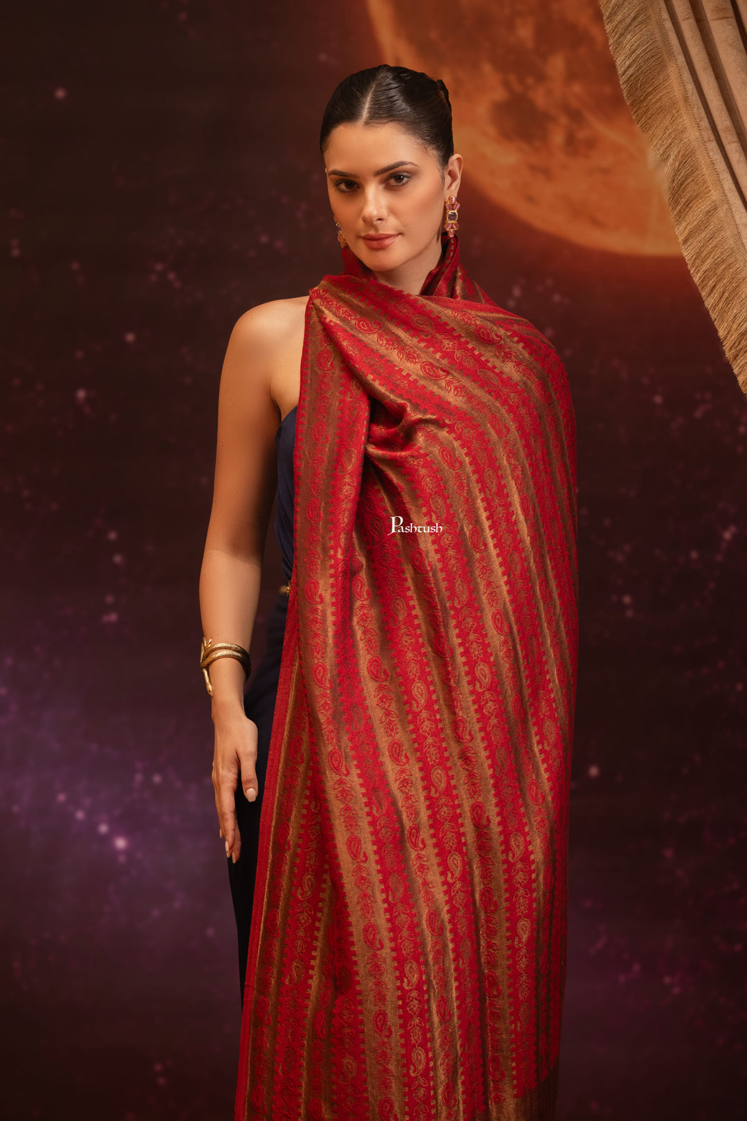 Pashtush India Womens Shawls Pashtush Womens Extra Fine Wool Stole, Twilight Design, Maroon
