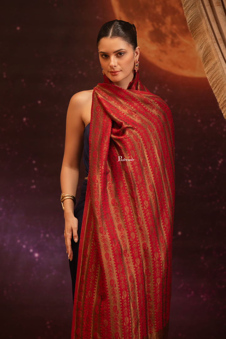 Pashtush India Womens Shawls Pashtush Womens Extra Fine Wool Stole, Twilight Design, Maroon