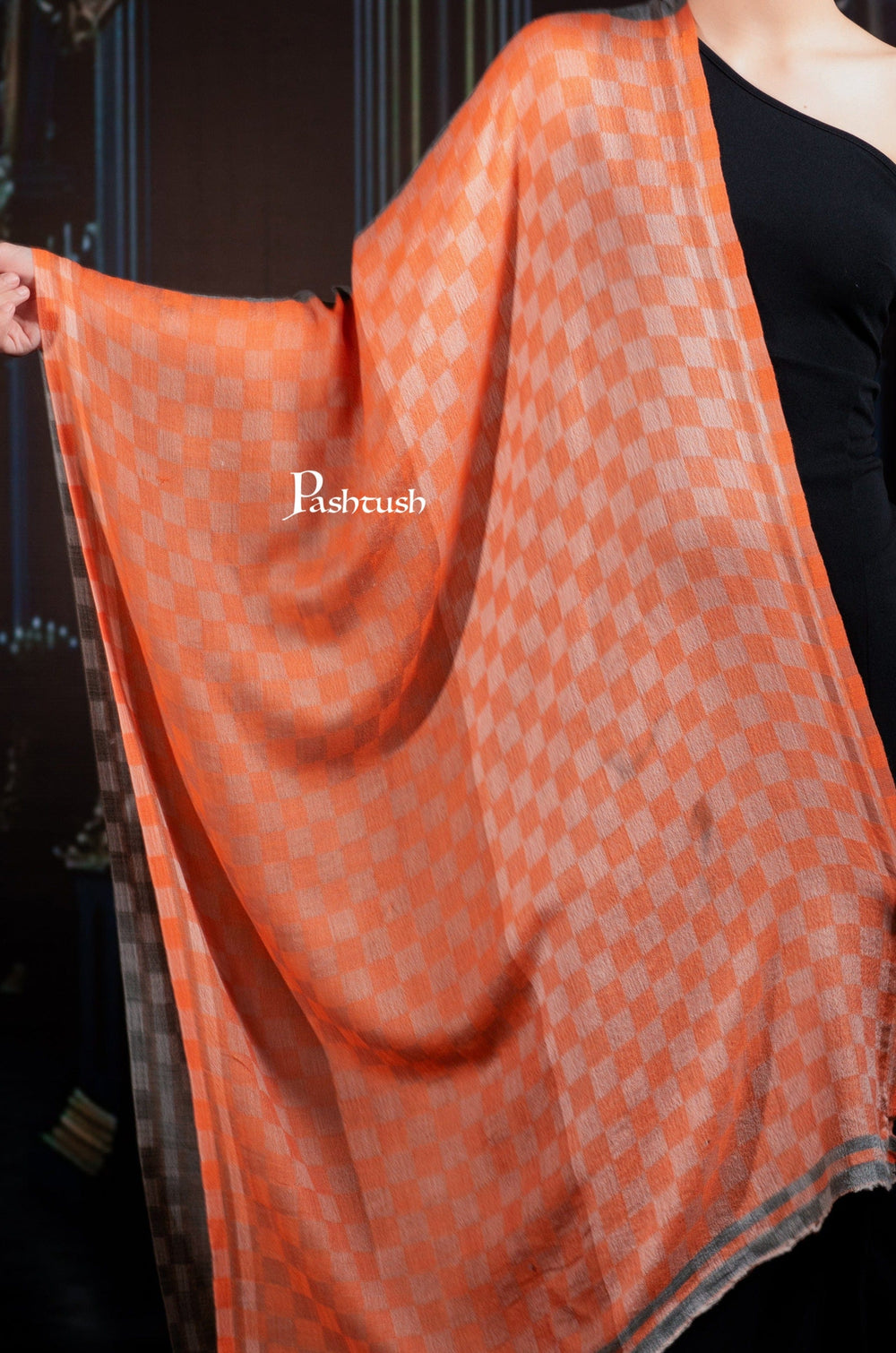 Pashtush India Womens Shawls Pashtush Womens Extra Fine Wool Stole, Twin Colour Weave Checkered Design, Amber And Grey